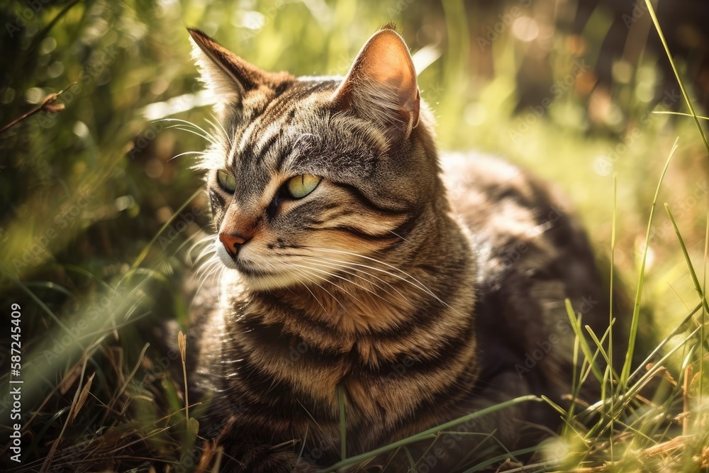 Cat basking in the sun in the grass. Generative AI