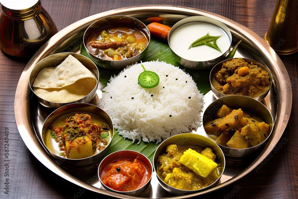 Traditional Bengali cuisine and food meal thali of West Bengal, India. Bengali food thali in kolkata