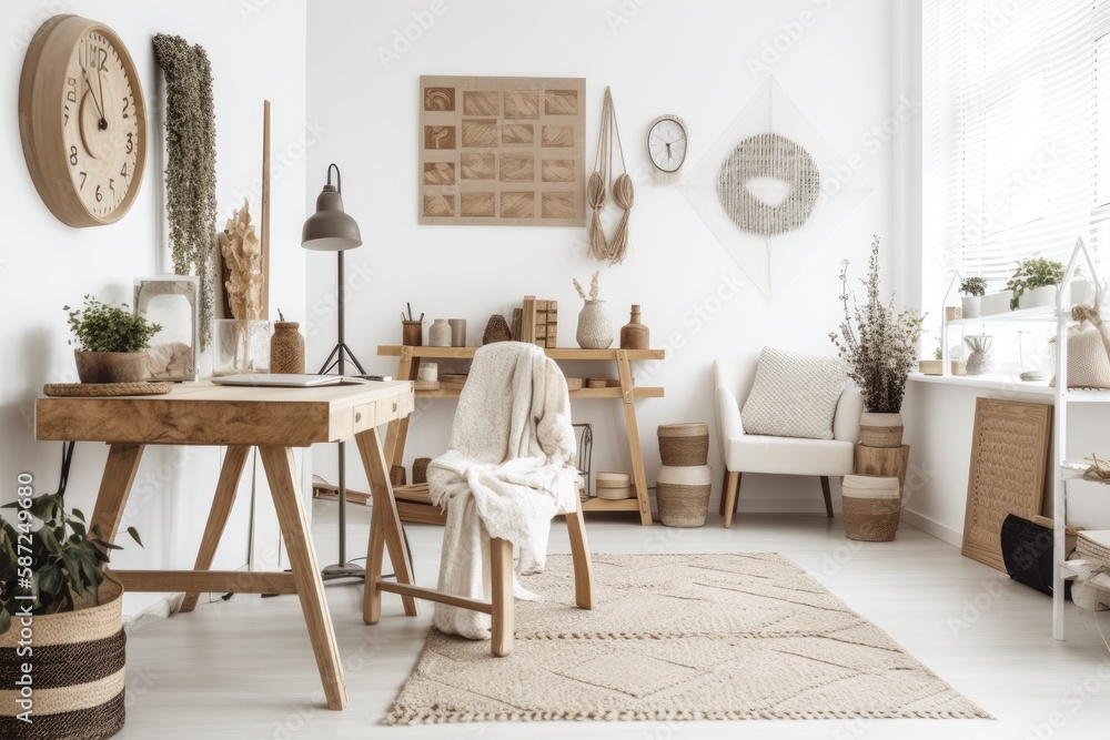 Neutral boho living area with elegant desk, armchair, light, cup of coffee décor, office supplies, c