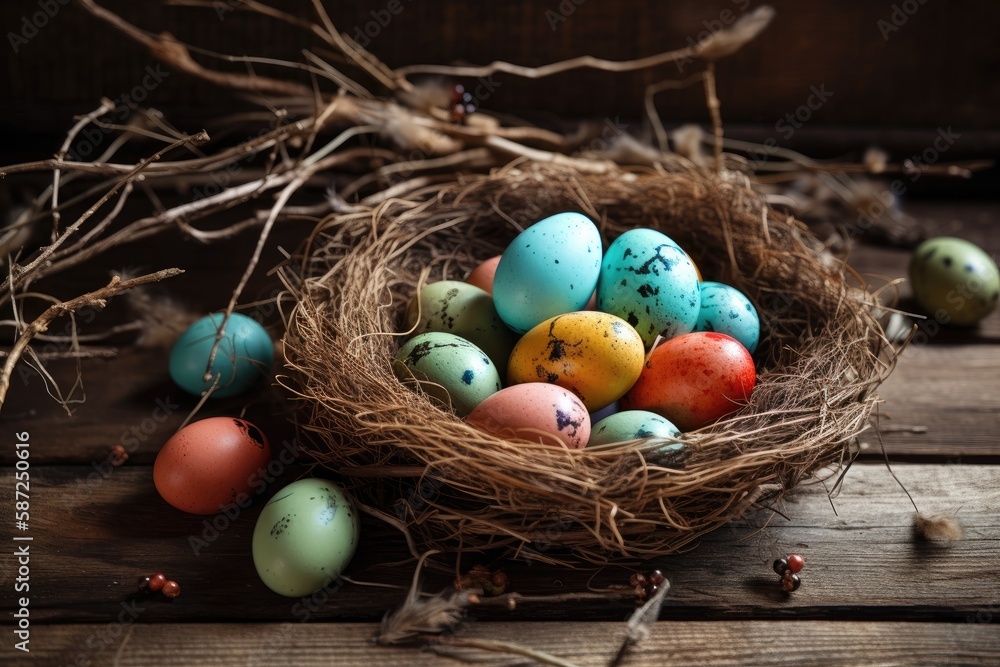 colorful egg nest on wooden table. Generative AI