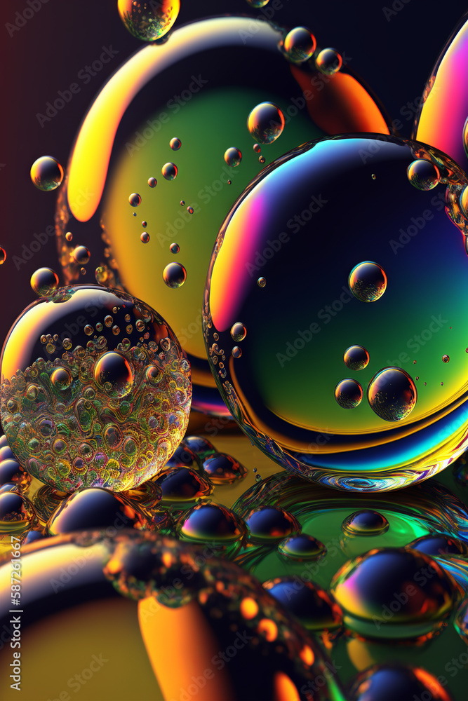 Bubbles background with psychedelic colors. Surreal wallpaper with curvy organics circle shapes. Gen