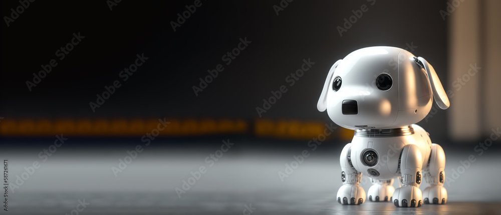 Cute robotic puppy isolated on large empty background. White happy little dog robot. Futuristic pet 