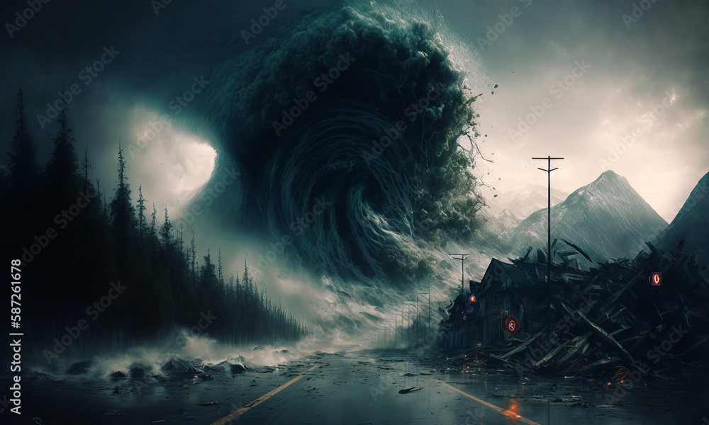 Huge tsunami destroying a city. Dramatic scenery with a big wave flooding the lanscape. Natural disa