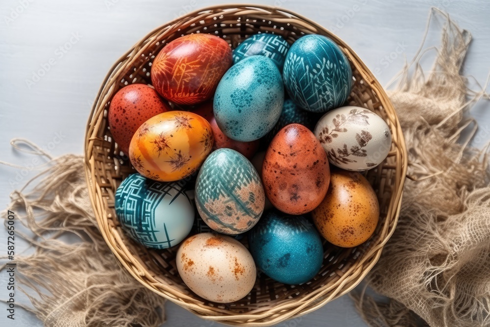 basket filled with colorful painted eggs, perfect for Easter. Generative AI