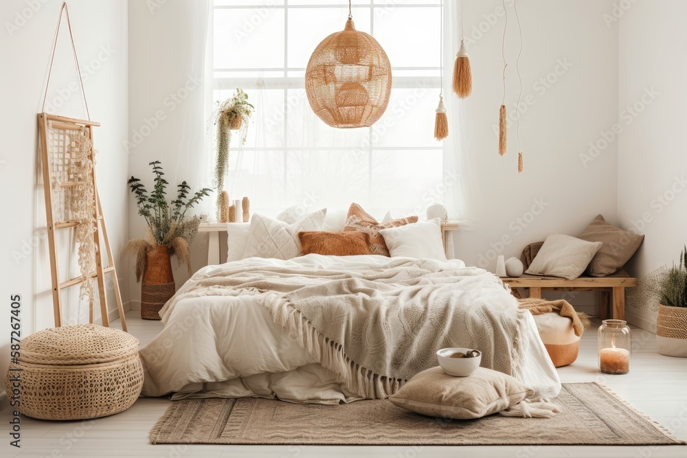 White boho bedroom with coffee table, straw light, and cozy bed with cushions, copy space. white dra