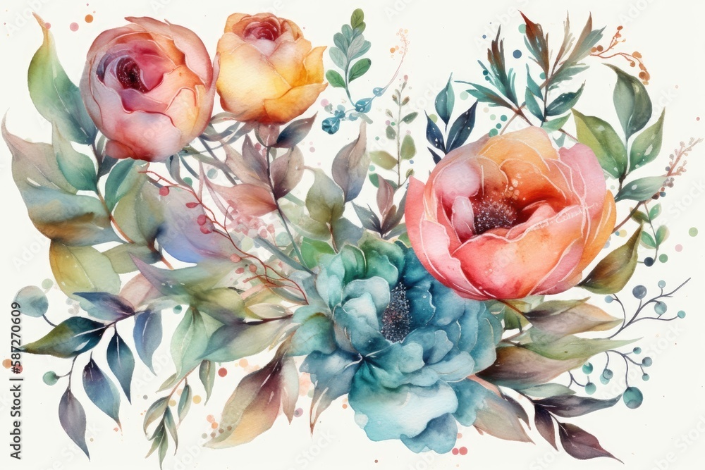 colorful watercolor painting featuring a beautiful bouquet of flowers. Generative AI