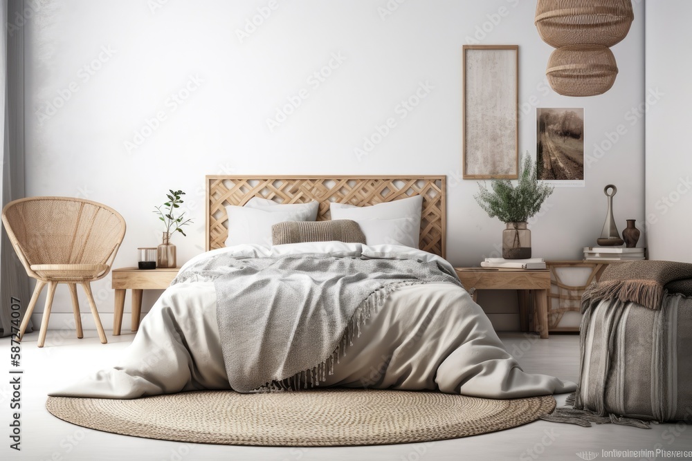 Scandinavian bedroom design, white backdrop, empty wall mockup,. Generative AI