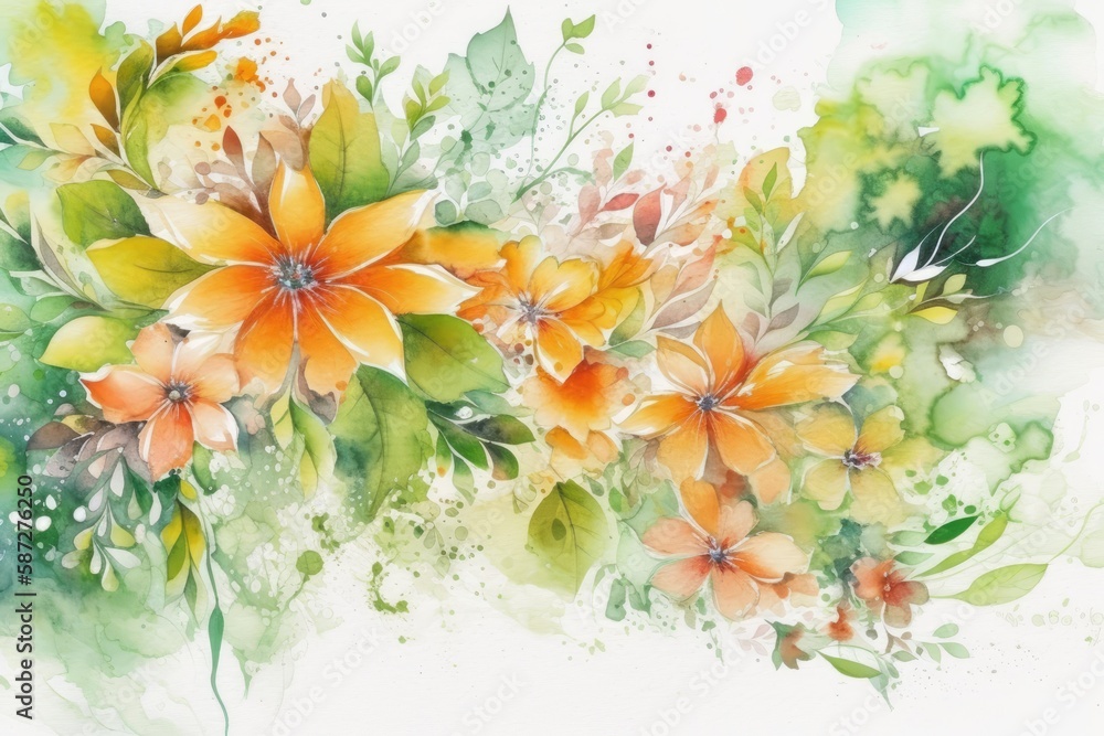 colorful flowers painted with watercolors on a plain white background. Generative AI