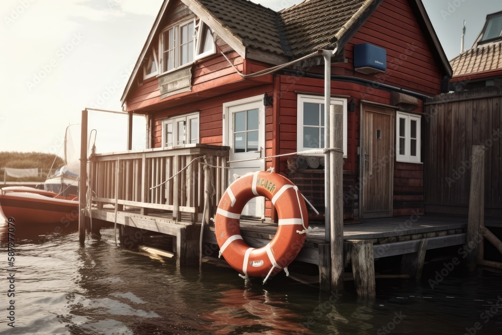 charming red house with a life preserver hanging in front of it. Generative AI