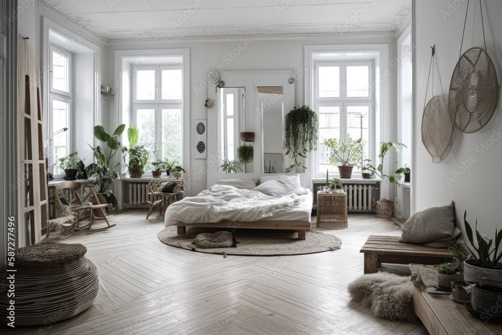 Scandinavian bohemian living room bedroom. ,. Generative AI