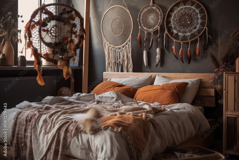 Elegant room with dream catcher over bed. Generative AI