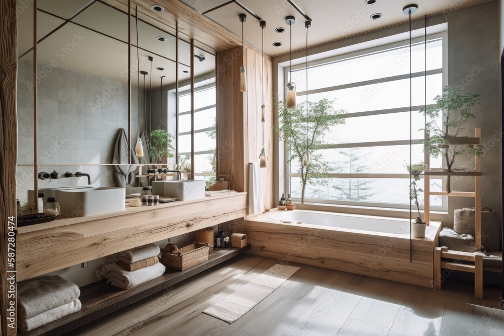 White and beige farmhouse bathroom. Mirrored wooden washbasin. Paper door, carpet, tiles, and decor.