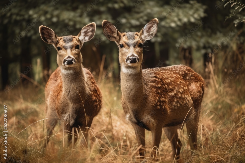 Two adorable deer stand on beautiful grass. Generative AI