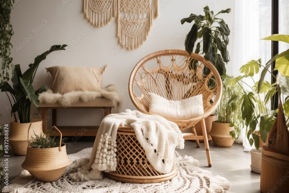 Bohemian living room with white crocheted blanket on wood armchair, houseplants, and wicker basket w