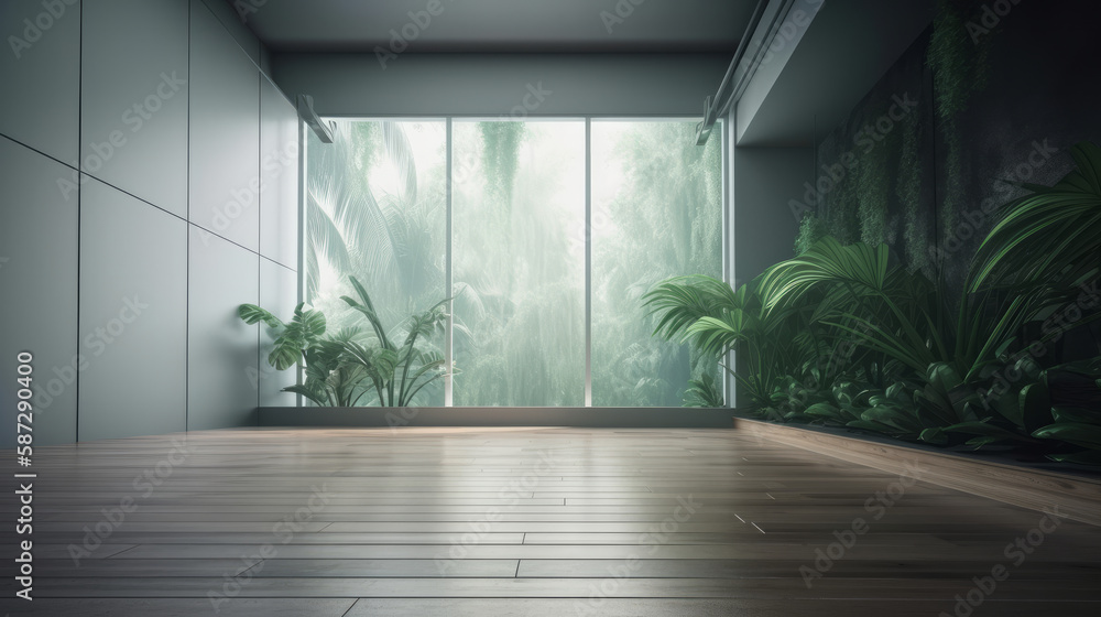 Empty background with wall and tropical leaves. Illustration AI Generative