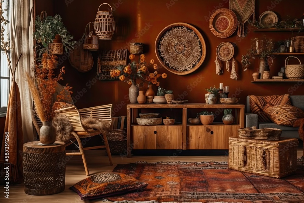 Ethnic living room with wicker baskets, wooden seat, couch, and attractive personal decorations. Coz