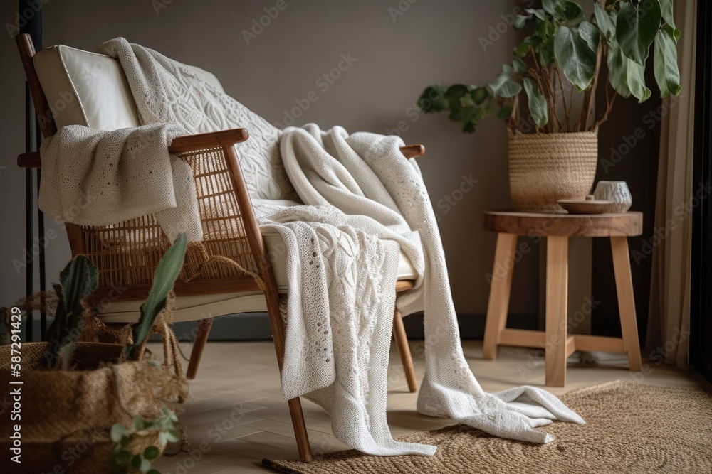 New living room furnishings. Loft interior design modern. White crocheted blanket on bamboo armchair