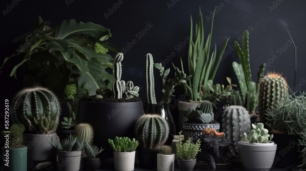 Big cacti collection. Illustration AI Generative