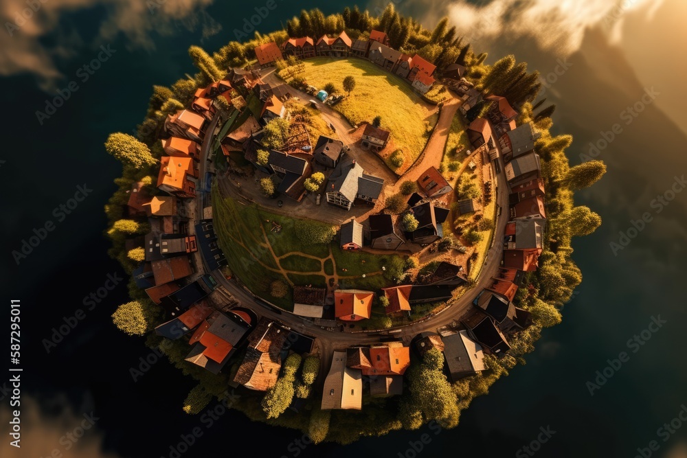 idyllic small village on a serene island seen from above. Generative AI