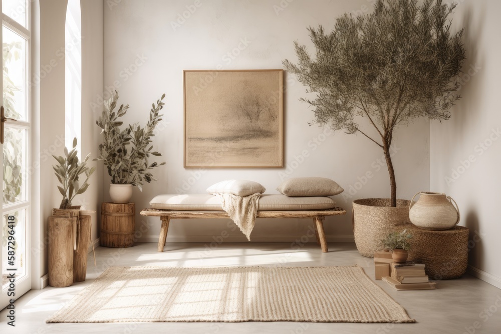 Scandi boho living room. Mockup beige empty wall with seat and olive tree. illustration. Generative 