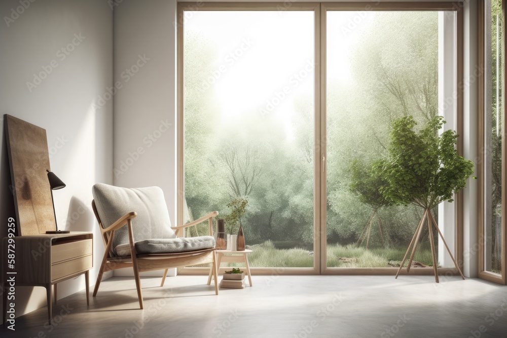 White living room with a chair and a view of a green environment. Scandinavian style in decorating. 