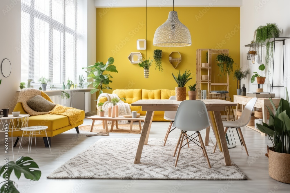 Contemporary white and yellow dining and living room. Table, seats, and carpet. Farmhouse decor,. Ge