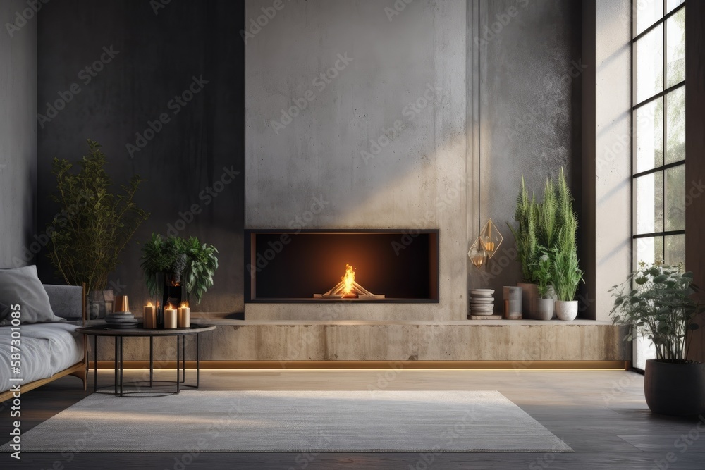 Modern fireplace and concrete walls in minimalist living room. Interior mockup,. Generative AI