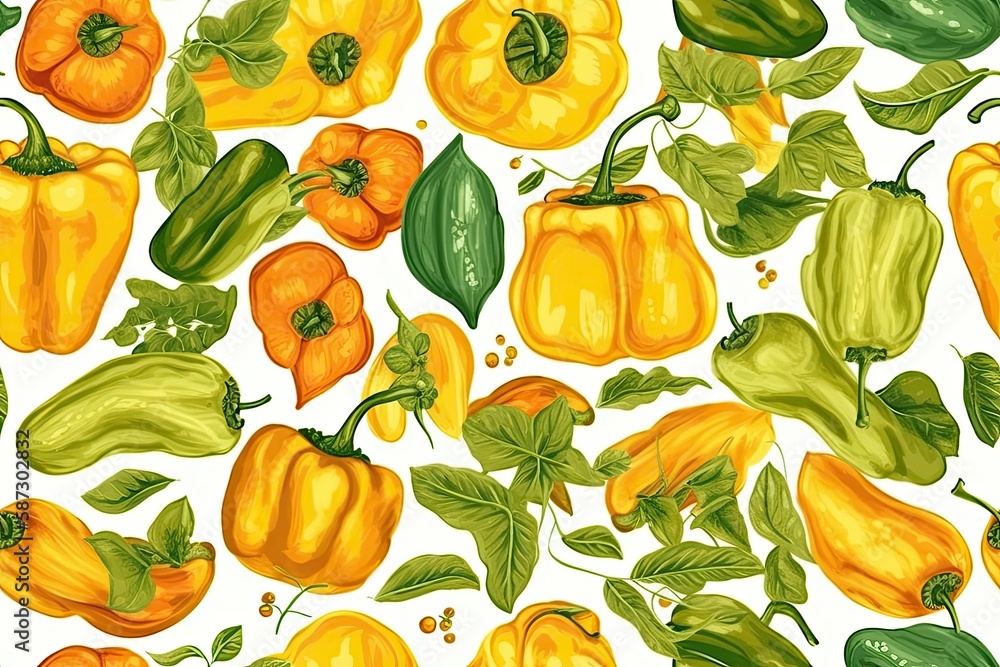 colorful peppers and leaves against a blank white background. Generative AI