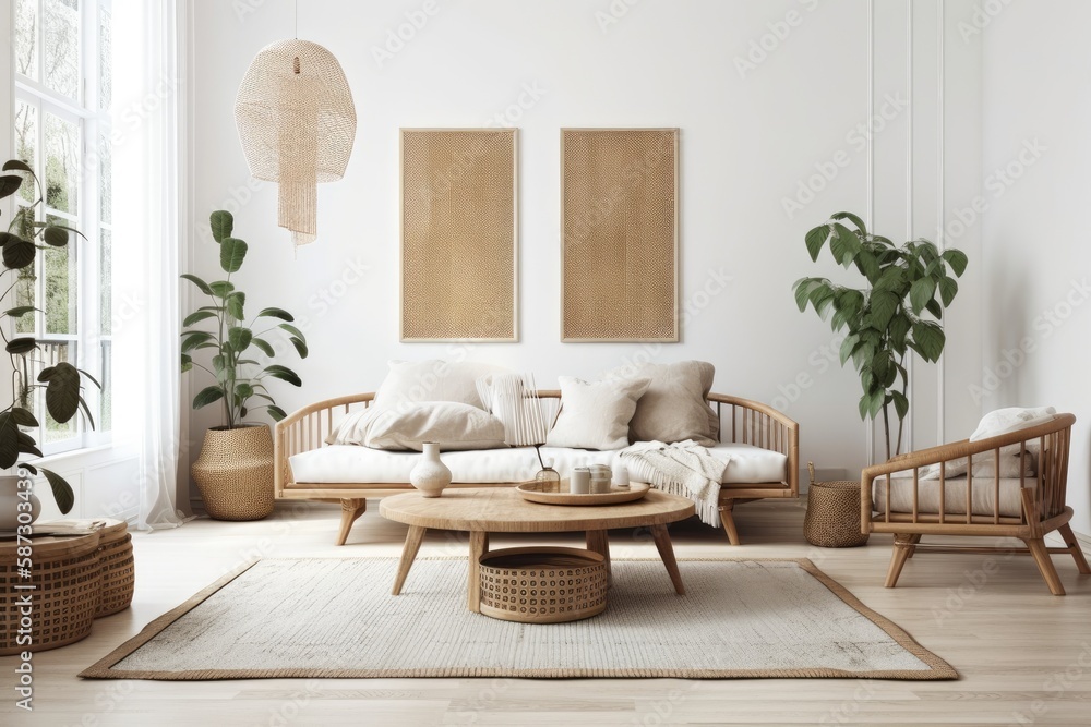 Scandinavian style, chic modern timber living room with a white background and rattan furnishings,. 