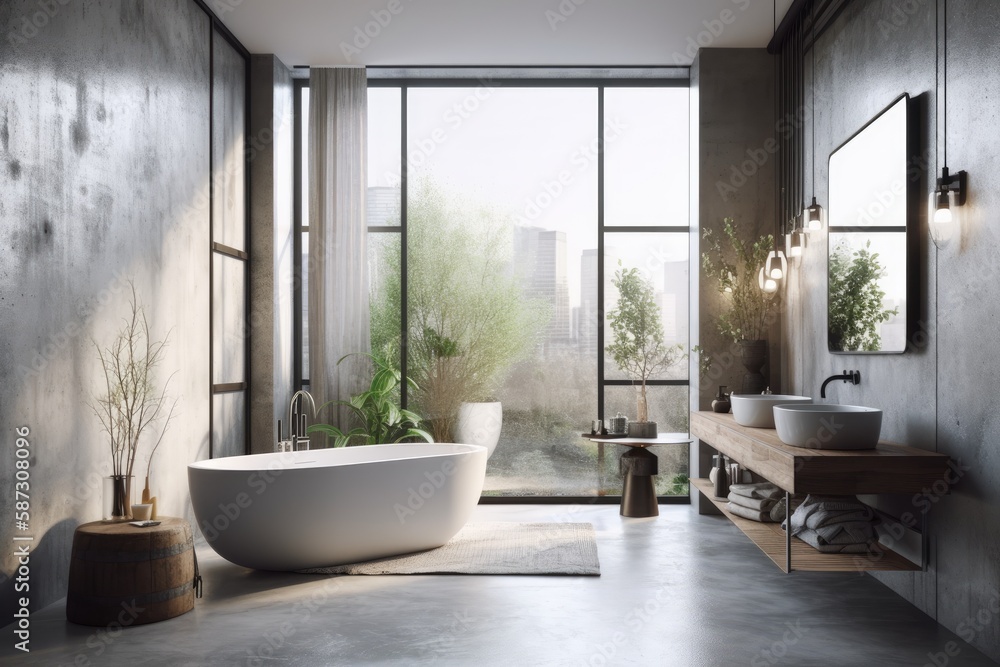 Gray and white bathroom decor in a loft, with a concrete floor and a white bathtub close to the wind