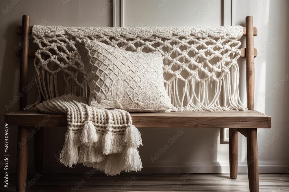 White macrame pillows. Scandinavian minimalist bed. Generative AI