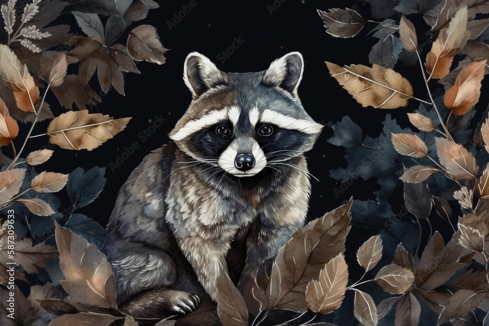 raccoon in a leafy environment. Generative AI