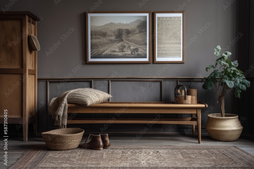 Elegant placement of vintage objects, a facsimile painting, and a wooden bench in a room for men. ho