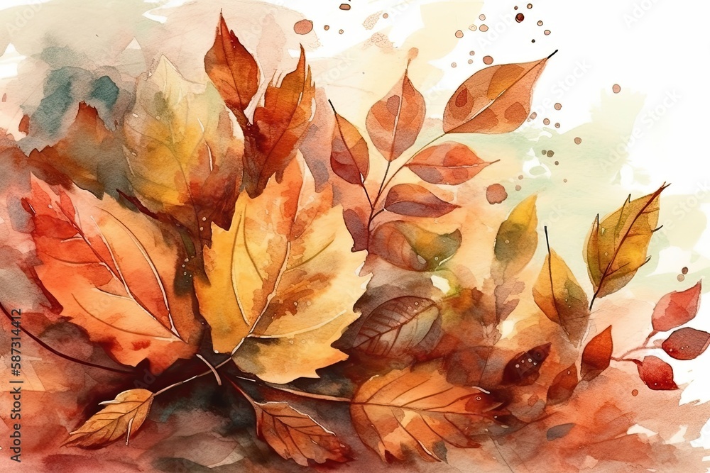 colorful leaves painted with watercolors on a blank background. Generative AI