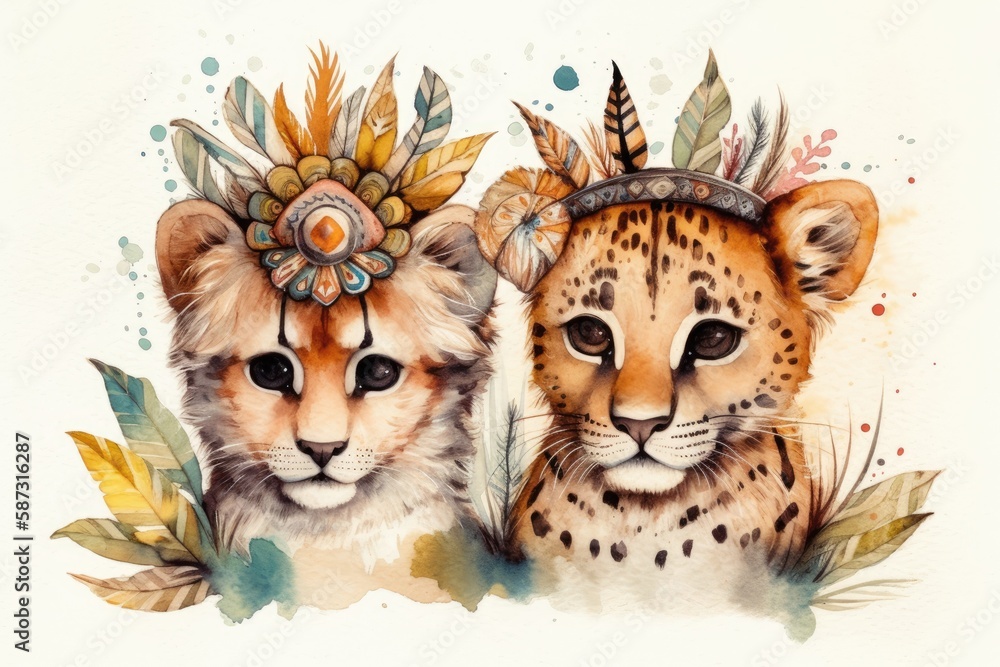 Adorable creatures. Hand drawn baby cheetah and tiger. Nursery friendly. Boho, feathered headdress. 