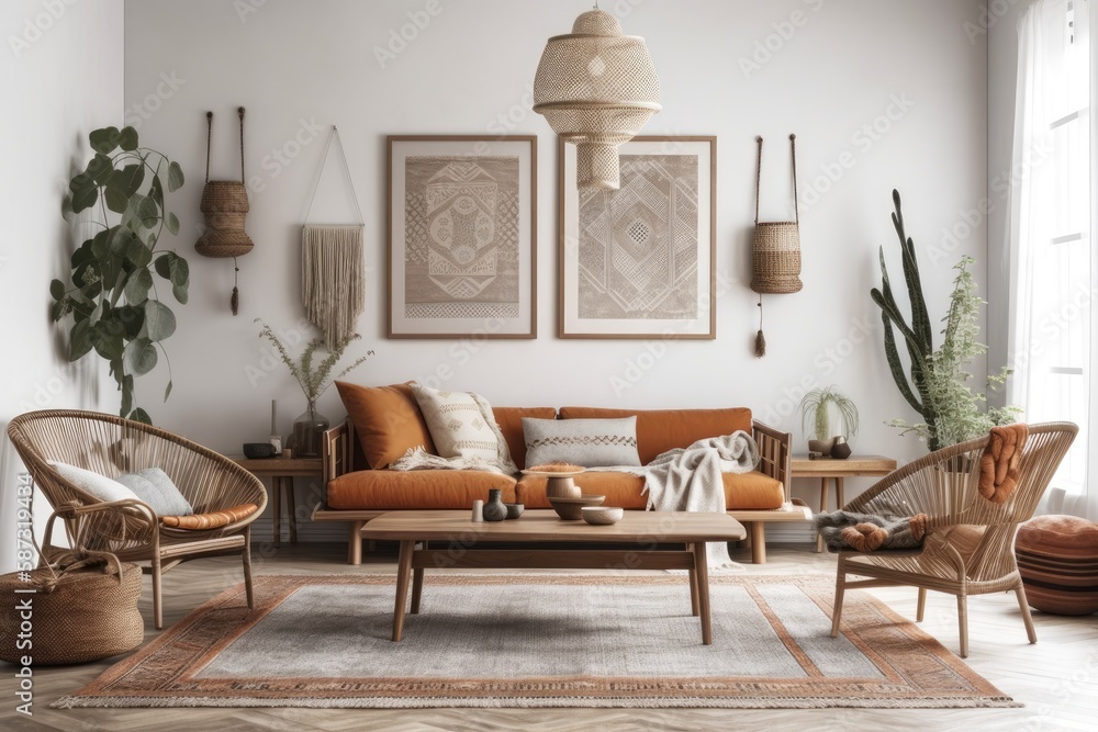 Warm gray Scandinavian bohemian living room,. Generative AI