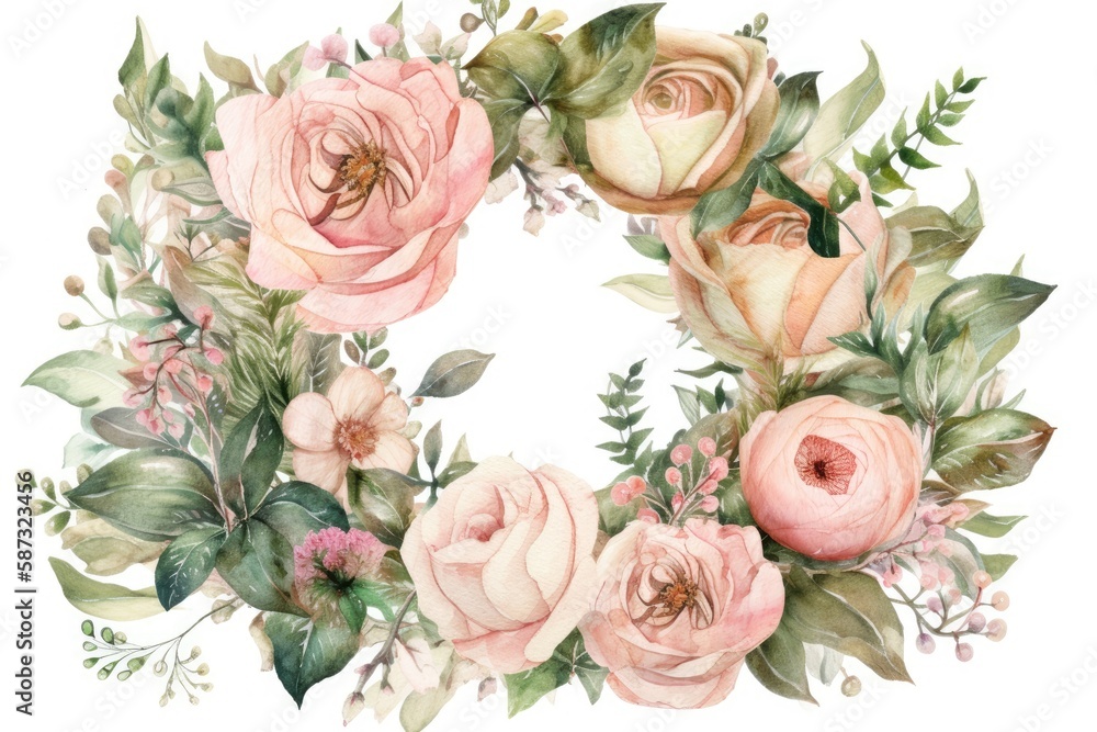 delicate watercolor wreath with pink roses and greenery. Generative AI