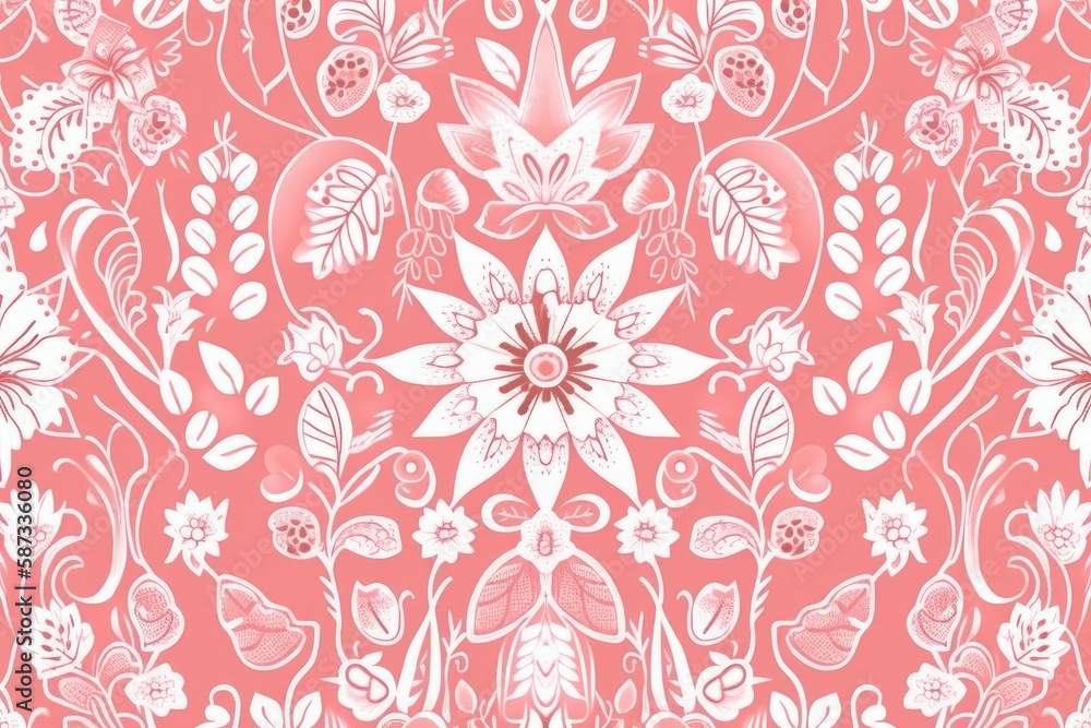 pink and white floral pattern on a pink background. Generative AI