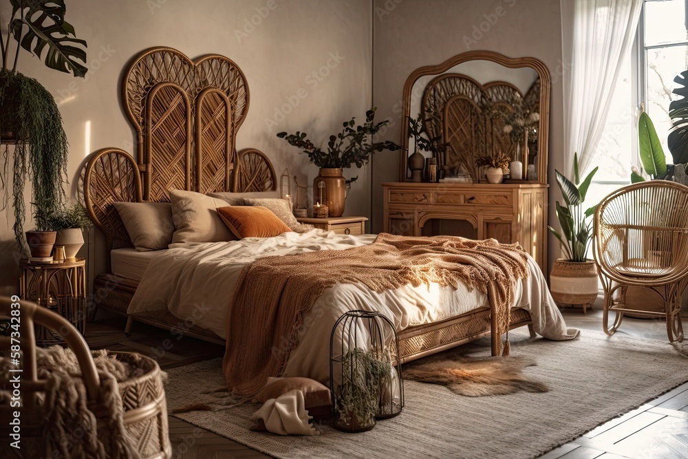 Side view of genuine warm bedroom with boho chic interior design, beautiful headboard above comfort 