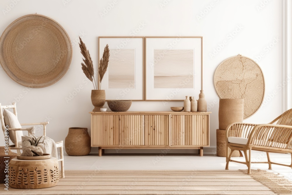 Beach home mockup with rattan furniture and blank wall. Generative AI