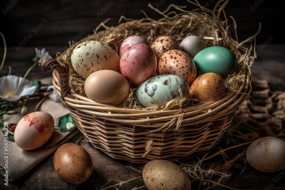 colorful Easter basket filled with a variety of eggs. Generative AI