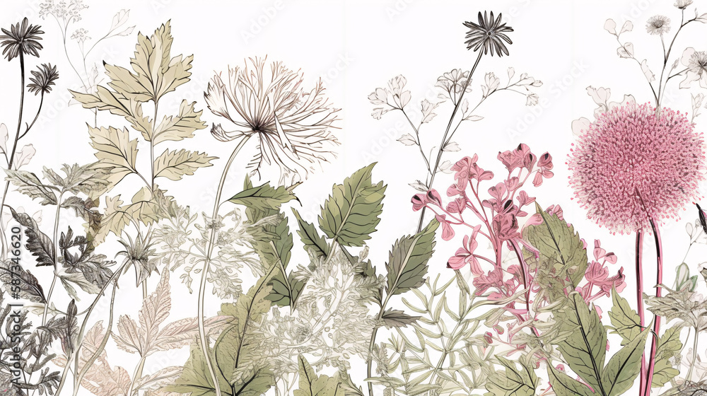 illustration of botanical plant leaves and flowers wallpaper great for post cards generative ai