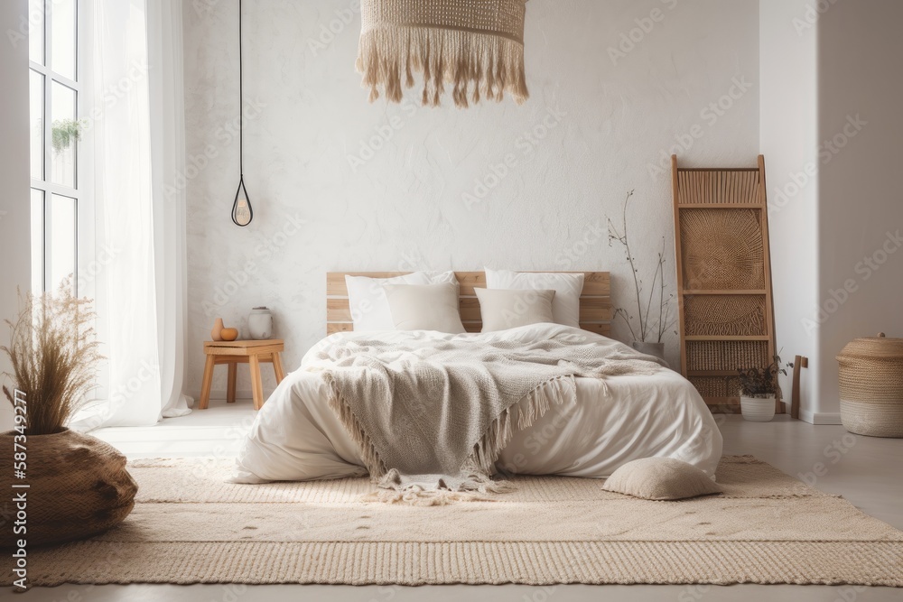 White bedroom wall. Scandi boho interior mockup. Free copy space for your image, text, or design. Ma