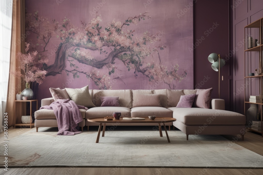 Beautiful purple and beige living room with wallpaper, carpet, and fabric couch. Classic Japanese in