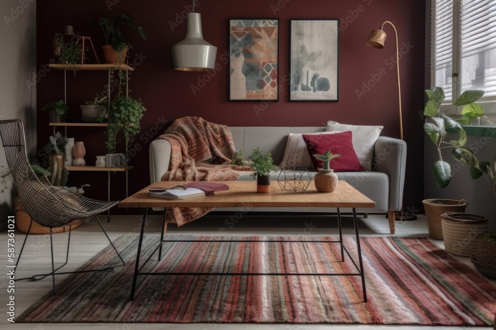 Little metal table on striped carpet in wooden furnished living room. Generative AI