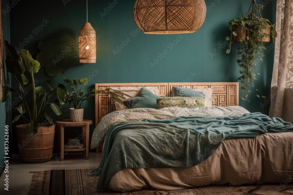 Boho stylish in comfortable ethnic home. Beautiful bedroom with lights above bedside tables, comfy b