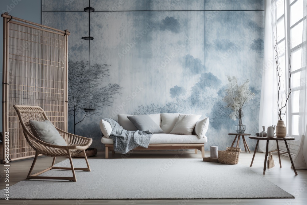 White and blue Japanese living room with copy space. Sofa and hanging chair. Wabi sabi decor,. Gener