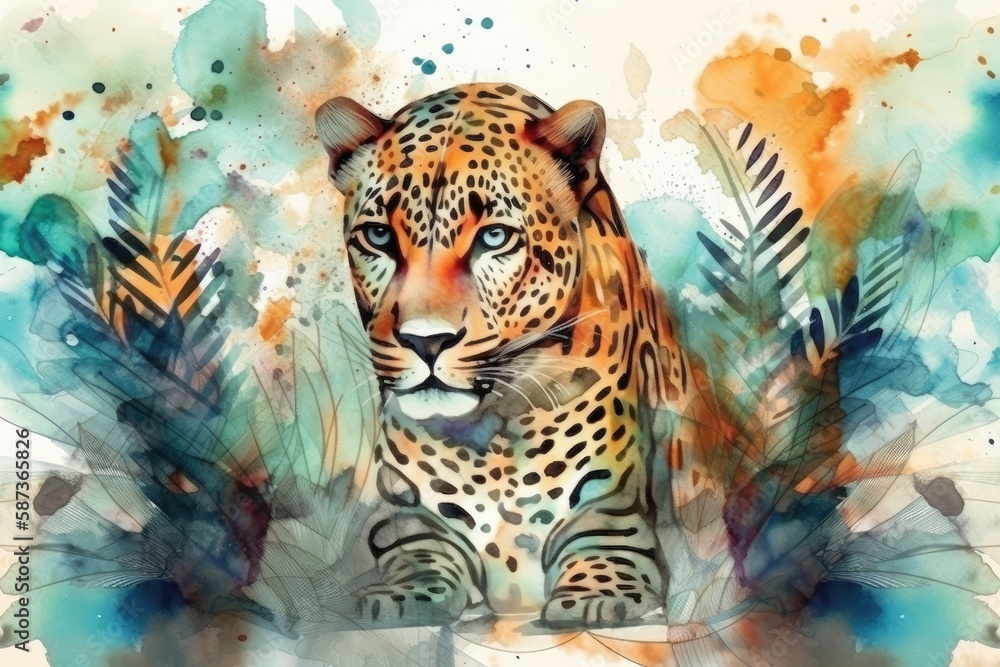 majestic leopard resting in the wilderness, captured in watercolor. Generative AI