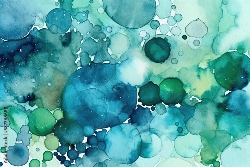 Abstract blue and green bubbles on a white canvas. Generative AI