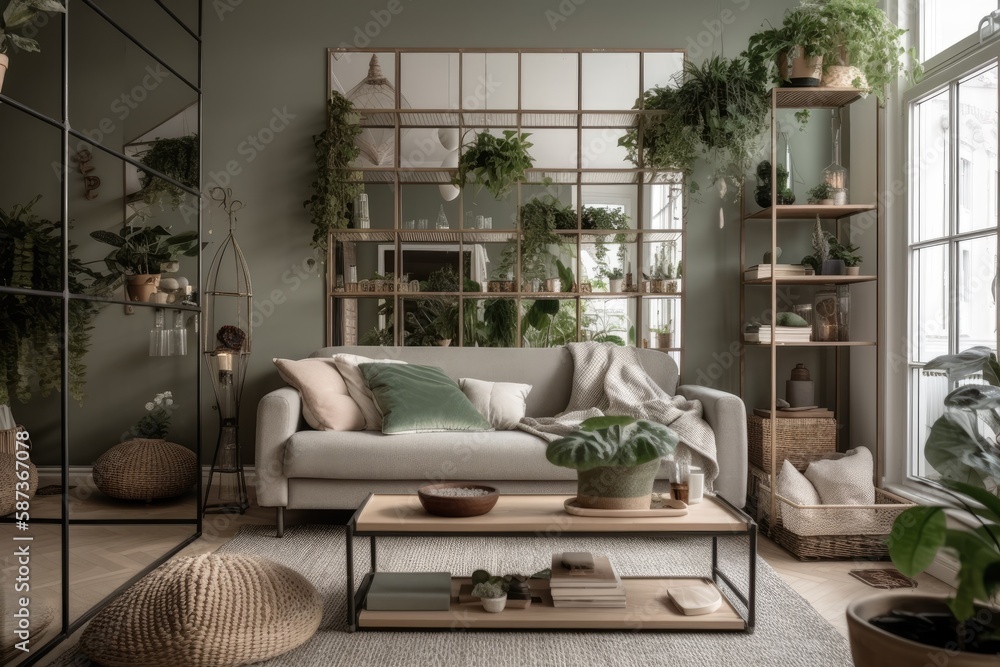 Green plants in pots, candles, and books on metal shelves in beige Scandinavian living room with com